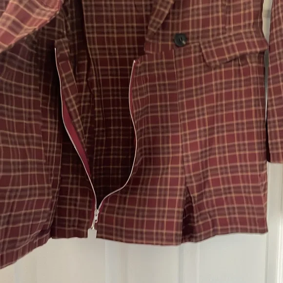 Women’s Maroon Plaid Double-Breasted Blazer Romper - Picture 7 of 10